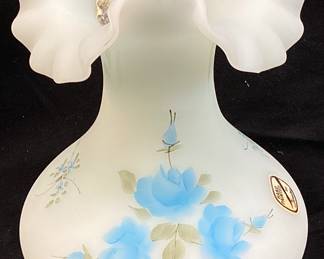 1978-83 FENTON BLUE ROSES ON SATIN BLUE VASE, 7in H, HAND PAINTED