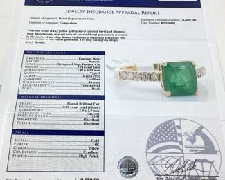 14KT YELLOW GOLD EMERALD & DIAMOND RING, SIZE 7, 2.21ct EMERALD, 0.20cts DIAMONDS, 3.1g TOTAL WEIGHT, GGA APPRAISAL $9,180.00