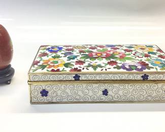 VINTAGE CLOISONNÃ‰ FLORAL JEWELRY BOX WITH DECORATIVE CLOISONNÃ‰ EGG ON A STAND
