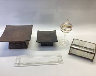 VINTAGE BEVELED MIRRORED GLASS KEEPSAKE BOX, BLOWN GLASS OIL LAMP WITH GOLD TRIM, TWO SQUARE CERAMIC CANDLE HOLDERS AND A APPETIZER SERVER