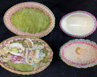  (2) VTG. FABERGE STYLE HAND DECORATED CHILDREN IN GARDEN CUTOUT PAPER DIORAMA & BEADED BABY DESIGN OSTRICH/DUCK EGGS, FLORAL & BEADED ACCENTS, ORNATE GOLD TONE STAND, 3.75in & 3in H, EACH ONE OF A KIND NO SHIPPING PICKUP ONLY