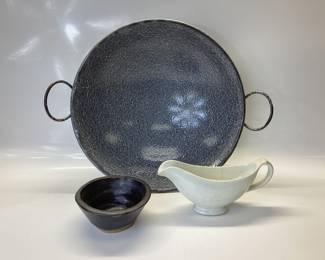 ENAMELWARE WOK WITH BOAT & BOWL WOK IS 16.5 INCHES EXCLUDING HANDLES, SHENANGO CHINA FROM NEW CASTLE PA. GRAVY BOAT AND "EMPTY BOLWS" 04 (BELIEVED TO BE MISSPELLED, EMPTY BOWLS A GRASSROOTS CHARITY MOVEMENT)