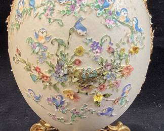 VTG. FABERGE STYLE HAND DECORATED PRECIOUS MOMENTS STYLE DIORAMA OSTRICH EGG, FLORAL ACCENTS, ORNATE GOLD TONE STAND, 6in H, ONE OF A KIND NO SHIPPING PICKUP ONLY