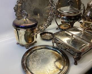 VINTAGE SILVER PLATE SERVING DISHES 11 PIECES WITH PYREX AND ANCHOR GLASSWARE INSERTS