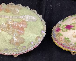  (2) VTG. FABERGE STYLE HAND DECORATED CHILDREN IN GARDEN CUTOUT PAPER DIORAMA & BEADED BABY DESIGN OSTRICH/DUCK EGGS, FLORAL & BEADED ACCENTS, ORNATE GOLD TONE STAND, 3.75in & 3in H, EACH ONE OF A KIND NO SHIPPING PICKUP ONLY