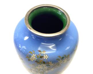 MEIJI PERIOD SILVER WIRE CLOISONNÃ‰ VASE 6" TALL FEATURING CHERRY BLOSSOM AND BIRD PATTERN. JAPANESE STAMP ? MEANING SILVER. POSSIBLY ANDO STUDIO.