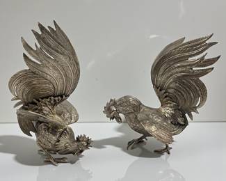 Pair Of Mid-Century Modern Silver Fighting Roosters, Possibly Silver-Plated