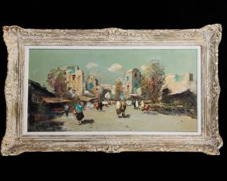 A Large Unsigned Mid Century Modern Impressionist Street Scene Painting
