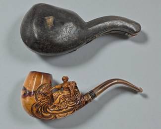 An Antique Carved Meerschaum Pipe Depicting A Seated Woman With Case