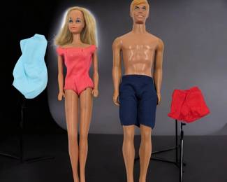 A Very Nice Vintage 1968 Mattel Malibu Barbie And Ken Doll With Extra Bathing Suits