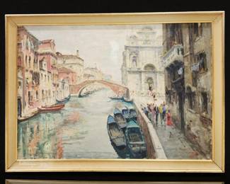 Italian Luigi Pagan 1907-1980 oil On Canvas Painting Signed Lower Right Venice Canal