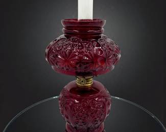 An Antique Ruby Red Glass Hurricane Oil Lamp