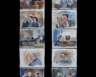 Set Of 10 Watercolor Courtroom Scene Paintings By Barbara Maxwell, 1990-2002