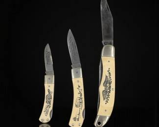 Lot Of 3 Schrade Scrimshaw Folding Knives, Two Pocket And One Folding Hunting Knife