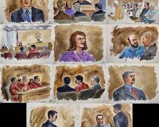 Set Of 11 Watercolor Courtroom Scene Paintings By Barbara Maxwell, Jesse Maali Hearing