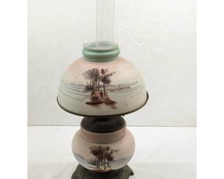 An Antique Large Hand-Painted Glass Oil Lamp