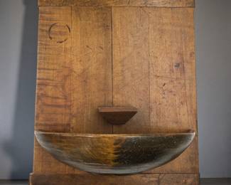 An Antique Rustic Pine Hanging Dough Board And Bowl