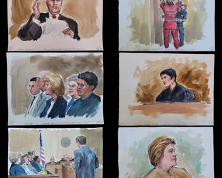 Set Of 6 Watercolor Courtroom Scene Paintings By Barbara Maxwell, Weiss 95 & Asbestos 02 Hearings