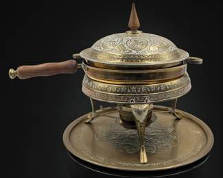 Vintage Brass Iranian Nader Engraved Chafing Dish And Tray