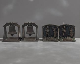 Two Pairs Of Vintage Cast Bronze Bookends, Liberty Bell Bookends And "The Angelus" Bookends