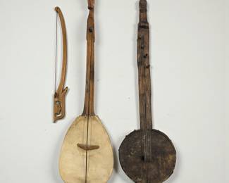 Pair Of Turkish Traditional Gourd Kabak Kemanes Stringed Instruments With Bow