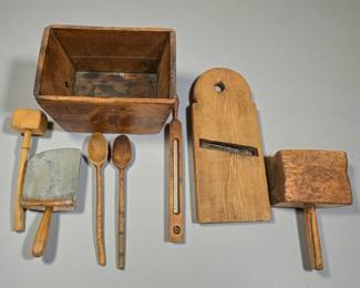 Lot Of 8 Antique Rustic Wood Kitchen Tools / Implements, Including An Early Advertising Thermometer