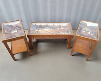 Vintage Hand Carved Coffee Table And 2 End Tables Signed HM