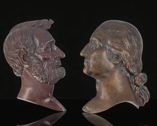Pair Of Bronze Wall Plaques Possible 19th C Unsigned Abe Lincoln And George Washington Bust
