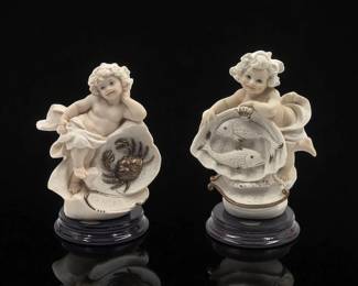 Giuseppe Armani Figurines: Pair Of Zodiac Cherubs "Cancer" 1241F And "Pisces" 528F In Original Boxes