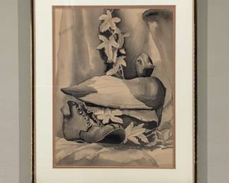 Vintage Watercolor On Paper Duck Painting