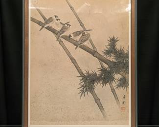 Framed Early Japanese Woodblock Print Depicting Five Sparrows With Seal Mark And Signature
