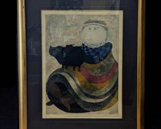 Large Pencil Signed Graciela Rodo Boulanger Artist Proof Colored Etching, "La Infanta Y Su Gato"