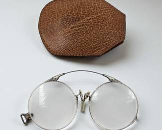 Unique Antique Oxford Prince Nez 12K Gold Filled Eyeglasses With Leather Holder