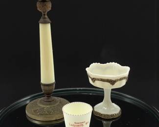 Vintage 3-Piece Lot Of Miscellaneous Glass, Two Phosphorescent Custard And One Creamy Opaque Glass