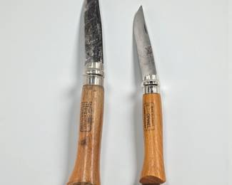 Pair Of Vintage French Choix Opinel Folding Pocket Knives With Carved Wooden Handles, No. 6 & No. 8