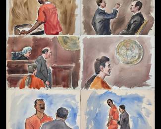 Set Of 6 Watercolor Courtroom Scene Paintings By Barbara Maxwell, Vanbiber & Thomas