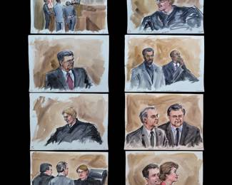 Set Of 8 Watercolor Courtroom Scene Paintings By Barbara Maxwell, McDowell Hearing 1989