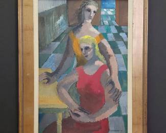 Barbara A. Hult Lekberg 1925-2018 Oil On Board Painting "TWO WOMEN" Signed Lekberg 45.