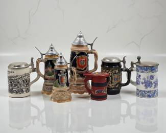 Lot Of 7 European Decorative Beer Steins, Includes 3 Musical Steins