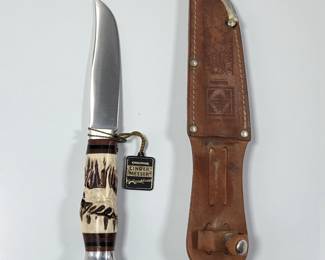 Vintage German Linder Messer Solingen Bowie Knife With Carved Horn Handle And Leather Sheathe