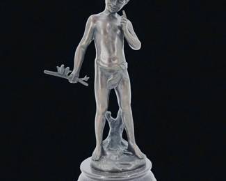 French-A Moreau Bronze Figure Of A Boy With 2 Birds Signed