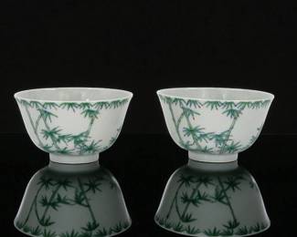 Pair Qing Yongzheng Doucai Tea Bowls Bamboo Motif With Six Character Marks