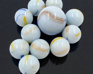 Marbles: Lot Of 11 Light Blue-Grey Opaque Glass Marbles With Thin Color Swirls, Likely German