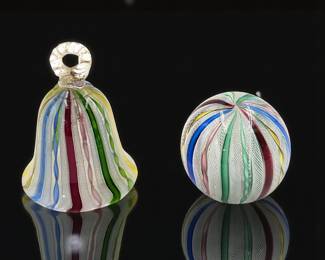 Lot Of 2 Italian Murano Ribbon Latticino Glass Pieces, Includes A Paperweight And Ringing Bell