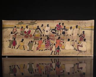 Signed And Dated African Batik Folk Art Cloth Depicting A Village Scene, 1985