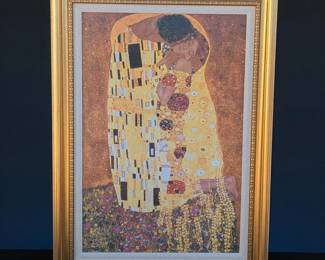 Large Austrian Artist Gustav Klimt (1862-1918) Textured Figural Print, "The Kiss"