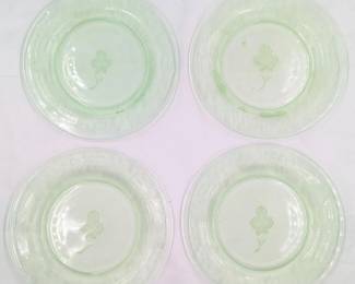 Lot Of 4 Vintage Green Vaseline Glass Plates, Minor Wear