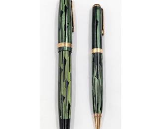 Vintage 2-Piece Green And Black Parker Duofold Geometric "Toothbrush" Fountain Pen And Pencil Set