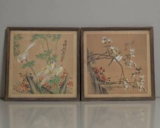Pair Of Antique Oriental Silk Bird Paintings, Each With Signatures And Seal Marks, Circa 1900