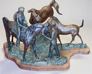 Snell Maurice (Snellen) Johnson 1929-2001 Titled "FAMILY" Bronze Sculpture Of Horses 1987